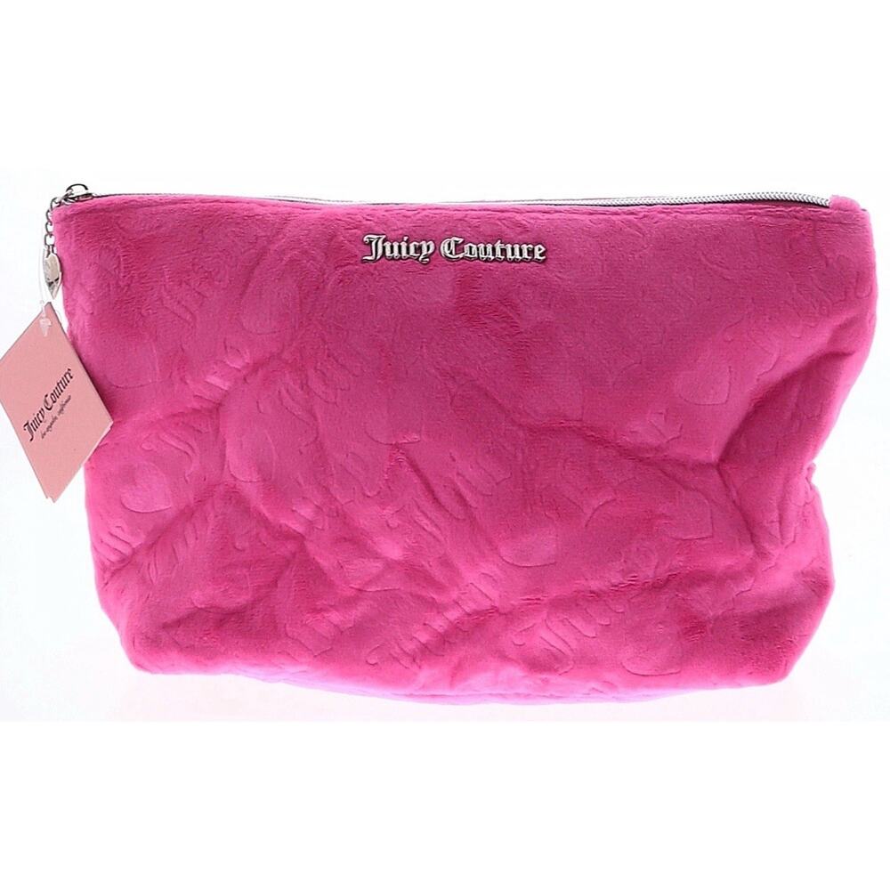 Juicy Couture Pink Velour Clutch Cosmetic Bag Y2K Pouch Zip Logo NWT Vintage New